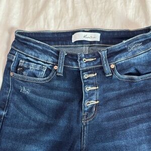 Kancan high rise, flare, distressed, bottom button butterfly size 27 dark wash